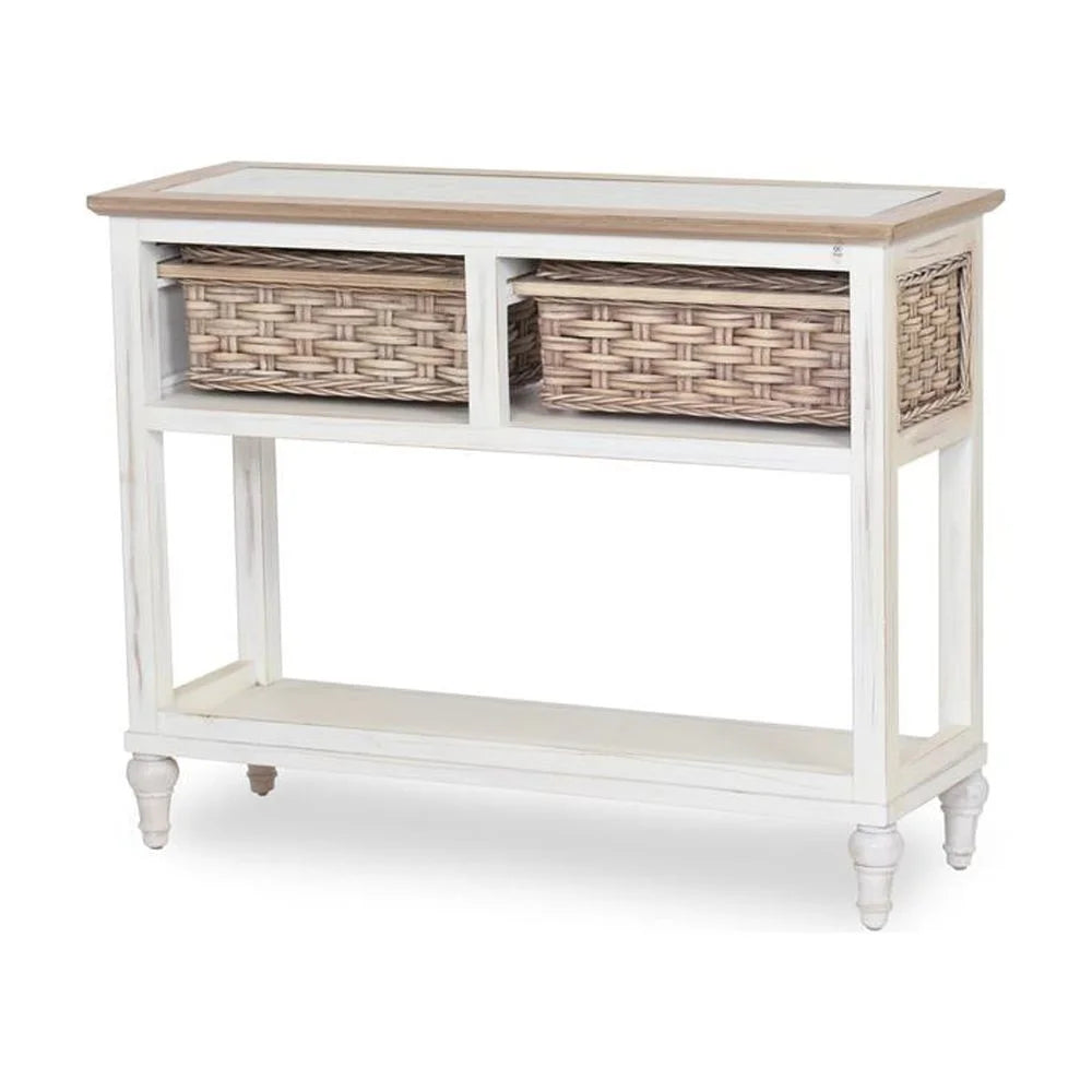 White Brown Wood Console Table with 2 Baskets T110487