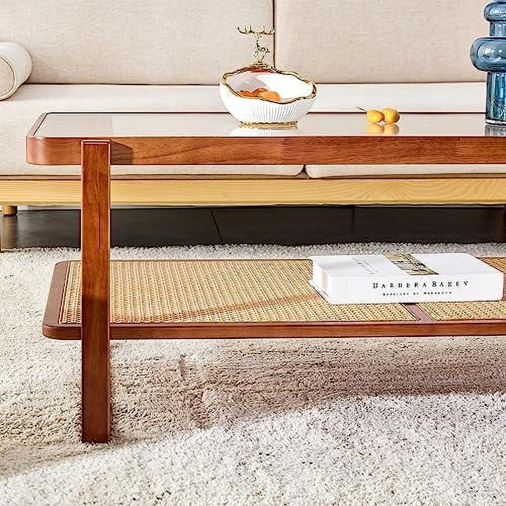 Rattan Woven Glass Desktop Round Double-Layer Solid Wood Coffee Table F99006