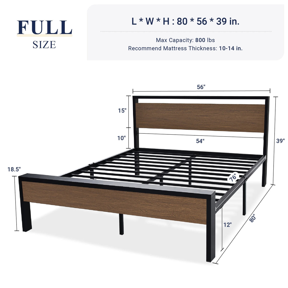 Queen Size Metal Platform Bed Frame with Wood Headboard and Footboard Z4458