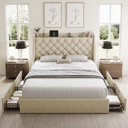 King Size Upholstered Bed Frame with 4 Storage Drawers G793