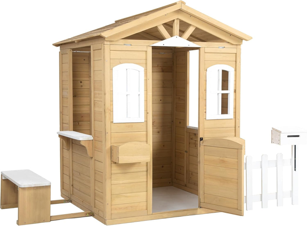 Natural Wooden Playhouse with Working Door, Windows, Mailbox, Bench, Flowers Pot Holder W144