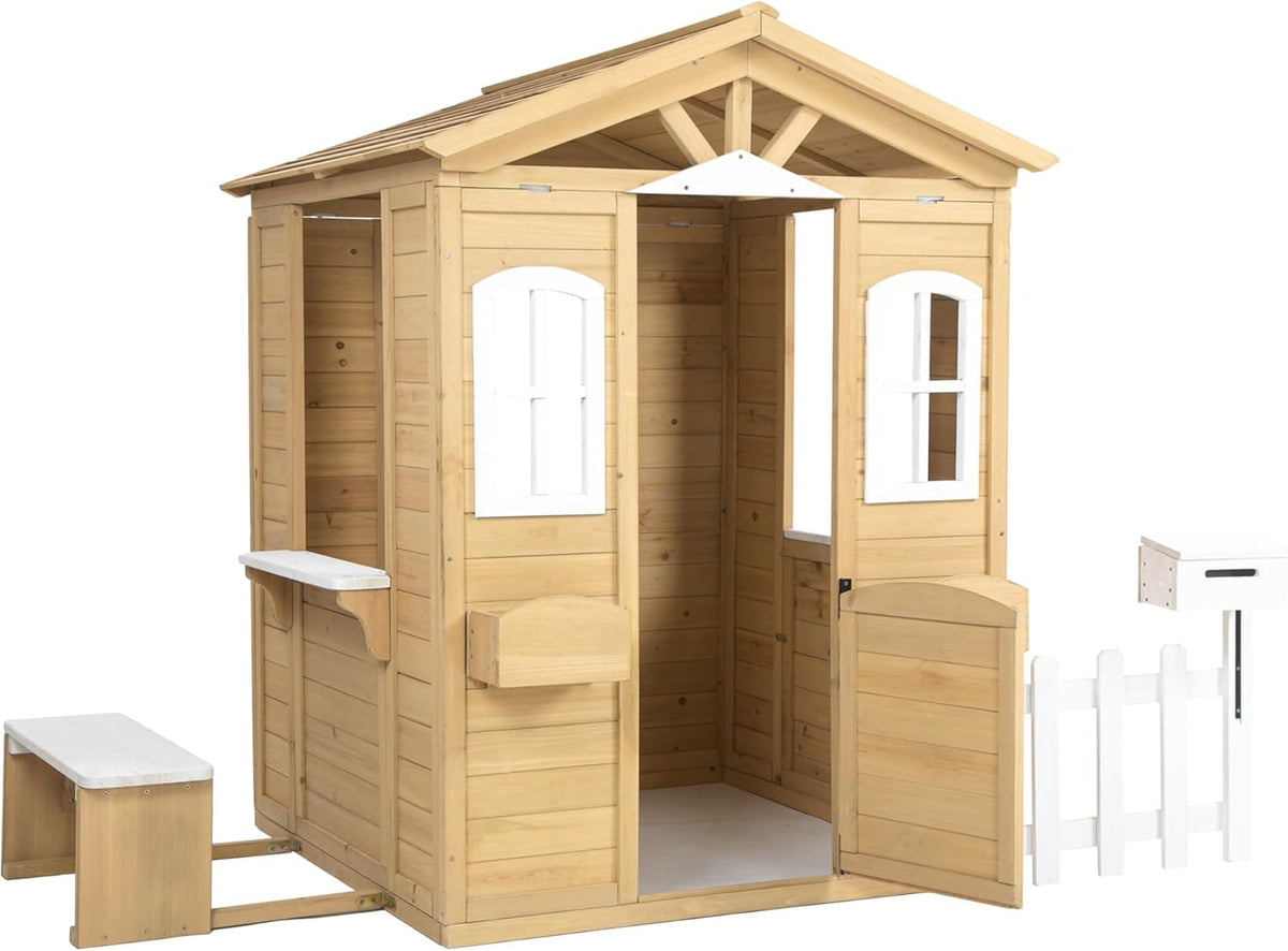 Natural Wooden Playhouse with Working Door, Windows, Mailbox, Bench, Flowers Pot Holder W144