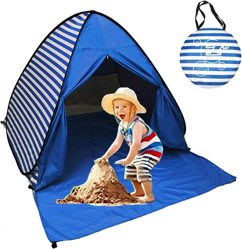 Pop Up Beach Tent Sun Shelter UPF 50+ 2-3 Person Dark Blue Stripes U52975