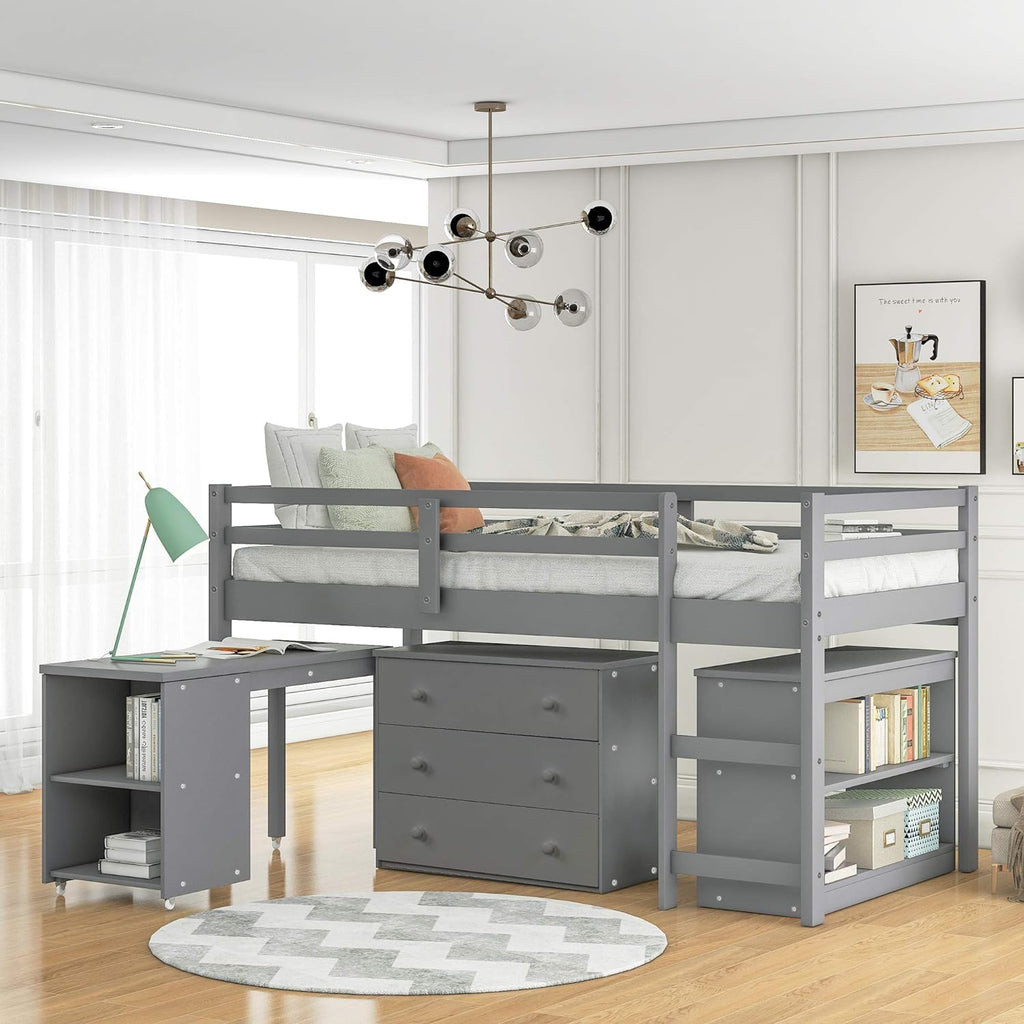 Twin Wooden Loft Bed with Storage Drawers and Cabinet T7630