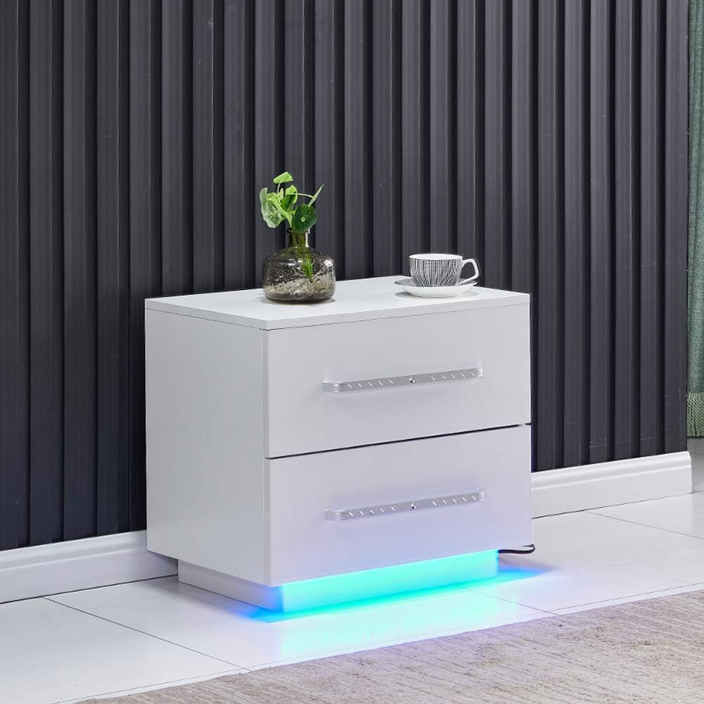 White High Gloss 2 Drawer Bedside Table with LED Lights P1511