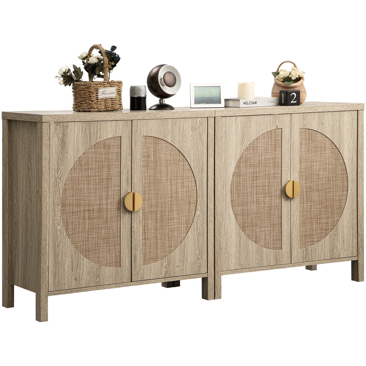 Oak Rattan Sideboard Storage Cabinet Set of 2 W5047