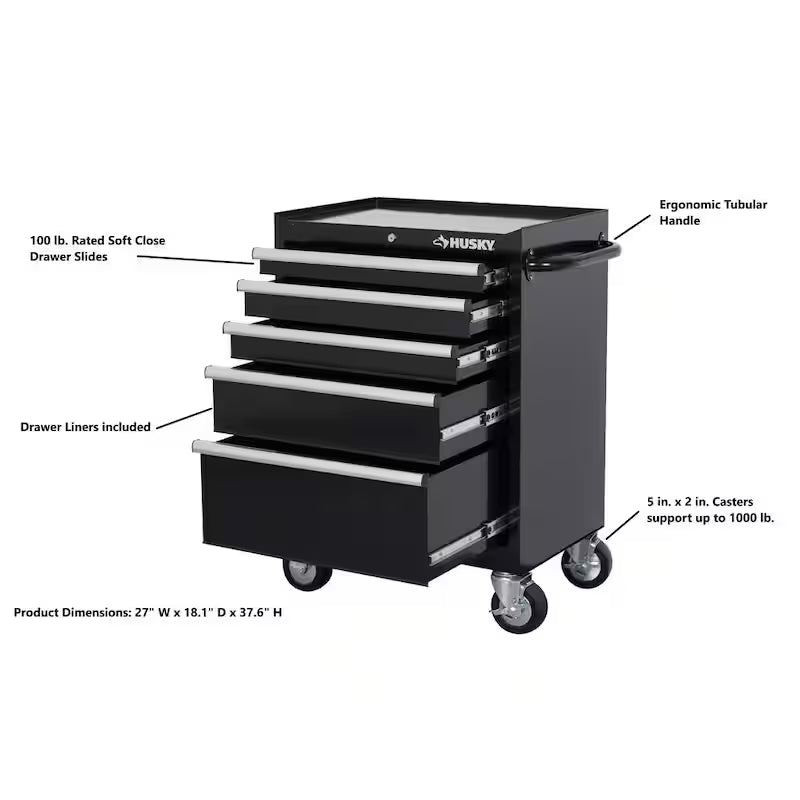 27 in. W 5-Drawer Gloss Black Rolling Tool Cabinet K22685