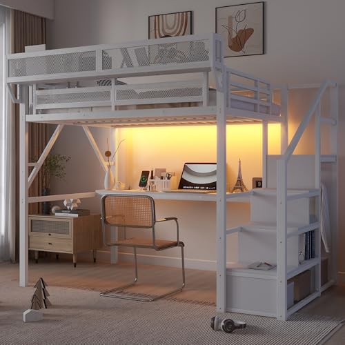 Black Full Size Metal Loft Bed with Stairs and Storage W87820