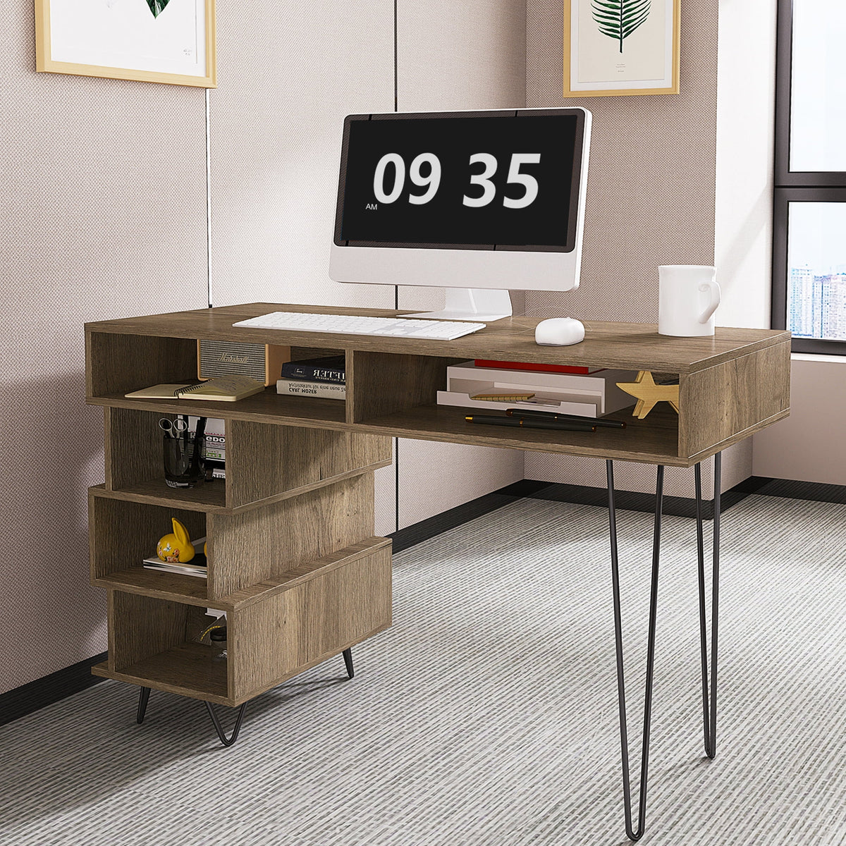 Brown Computer Desk with V-Shaped Iron Leg S86609