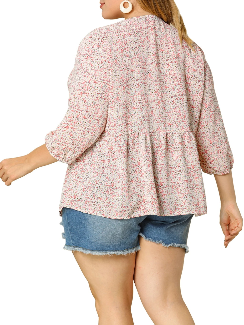 Plus Size Babydoll Floral 3/4 Sleeve Peplum Blouse F482216