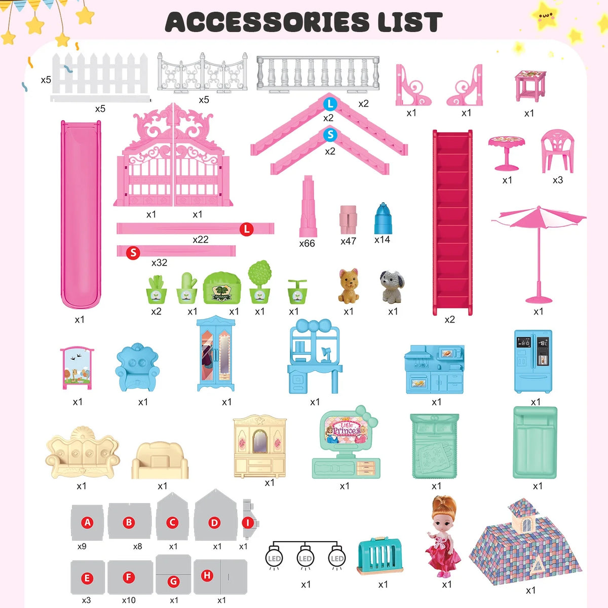 275PCS Dollhouse Kit with 11 Room Furniture Pink Princess Castle Playhouse S34784