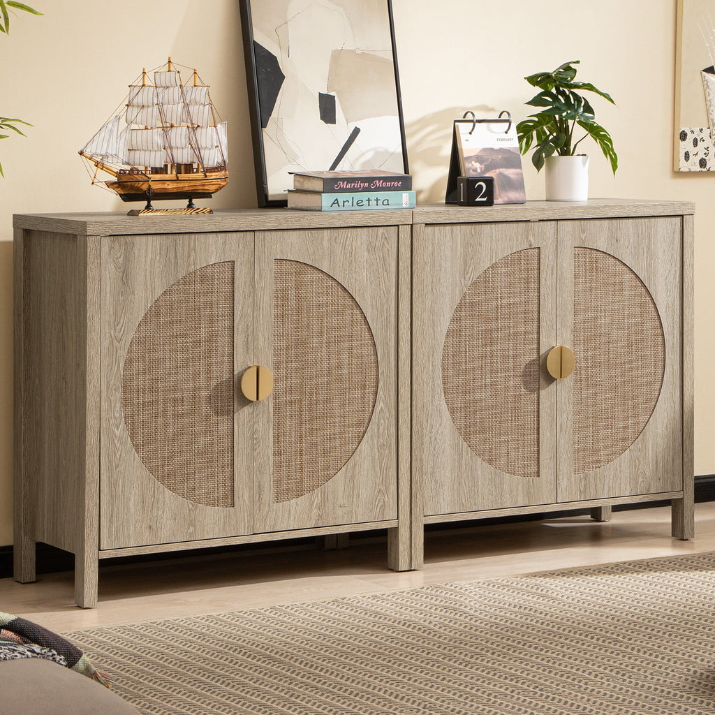 Oak Rattan Sideboard Storage Cabinet Set of 2 W5047