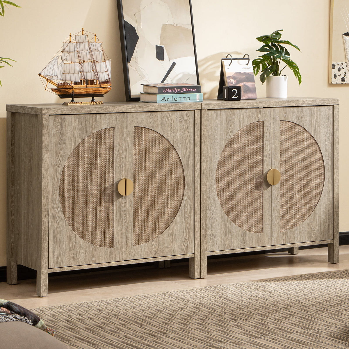 Oak Rattan Sideboard Storage Cabinet Set of 2 W5047