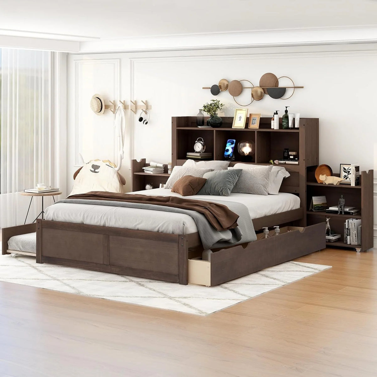 Full Size Wood Storage Bed with Bookcase Headboard and Trundle S8109