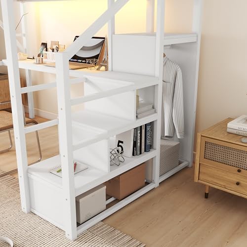 Black Full Size Metal Loft Bed with Stairs and Storage W87820