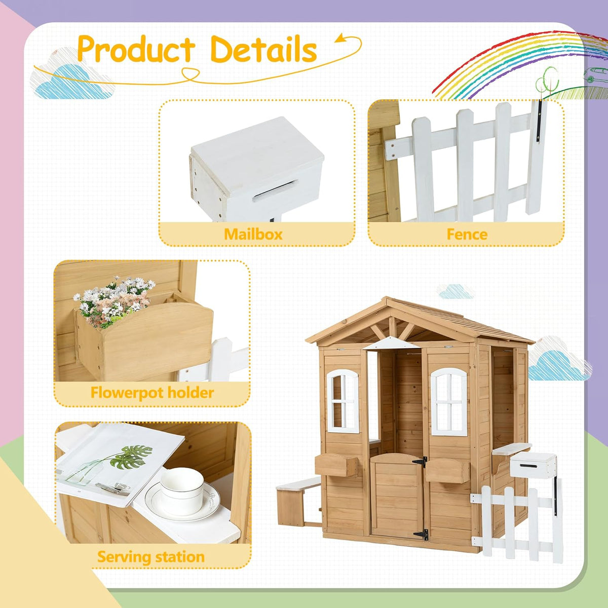 Natural Wooden Playhouse with Working Door, Windows, Mailbox, Bench, Flowers Pot Holder W144
