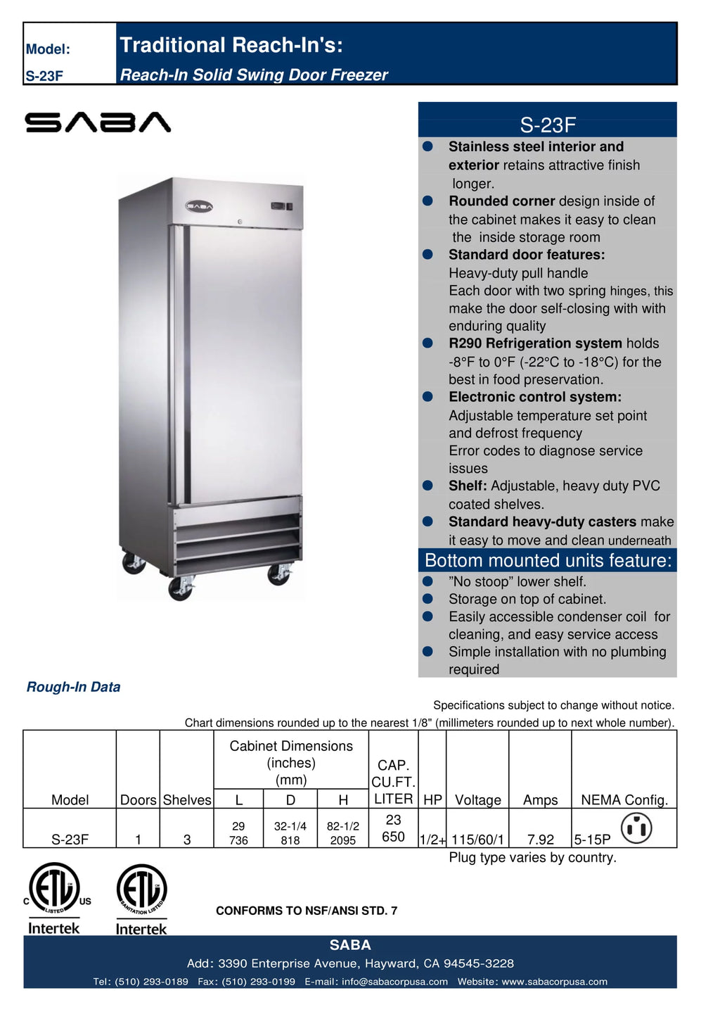 23 cu ft Solid Door Stainless Steel Upright Reach-in Freezer I710