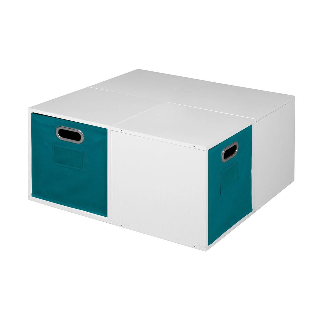 White Wood Grain/Teal 4 Cubes Storage Organizer with 2 Canvas Bins B73571