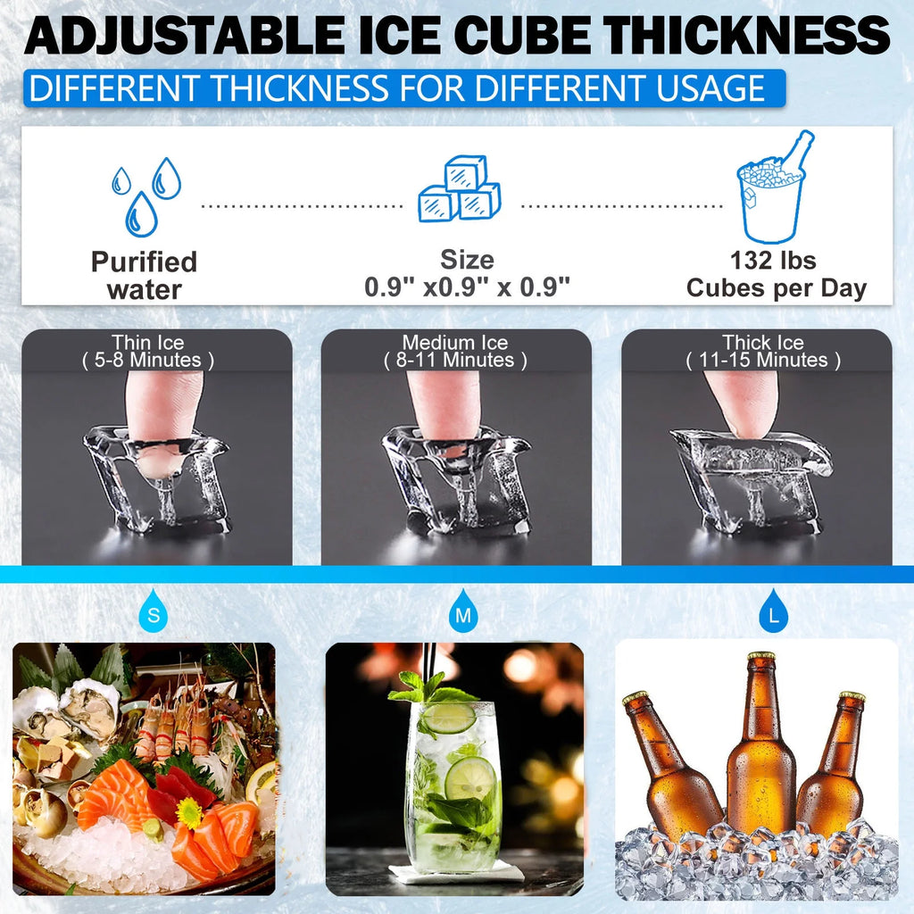 Commercial Ice Maker Machine, 132LBS/24H, Stainless Steel, 24LBS Storage, 40 Cubes W9811