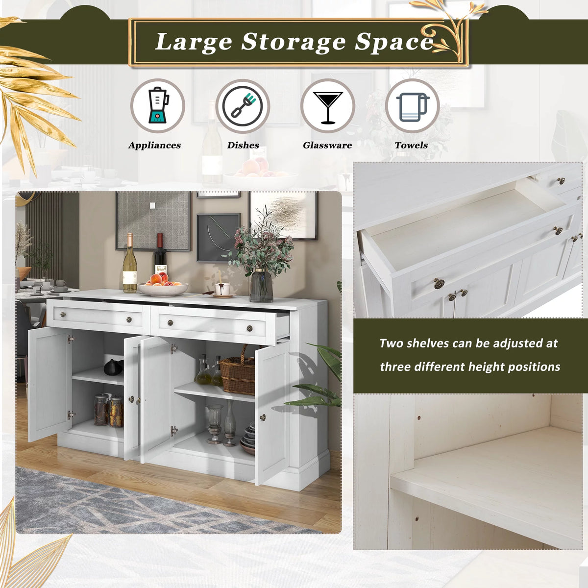 Antique White Kitchen Sideboard Buffet Cabinet with 2 Drawers & 4 Doors S88079