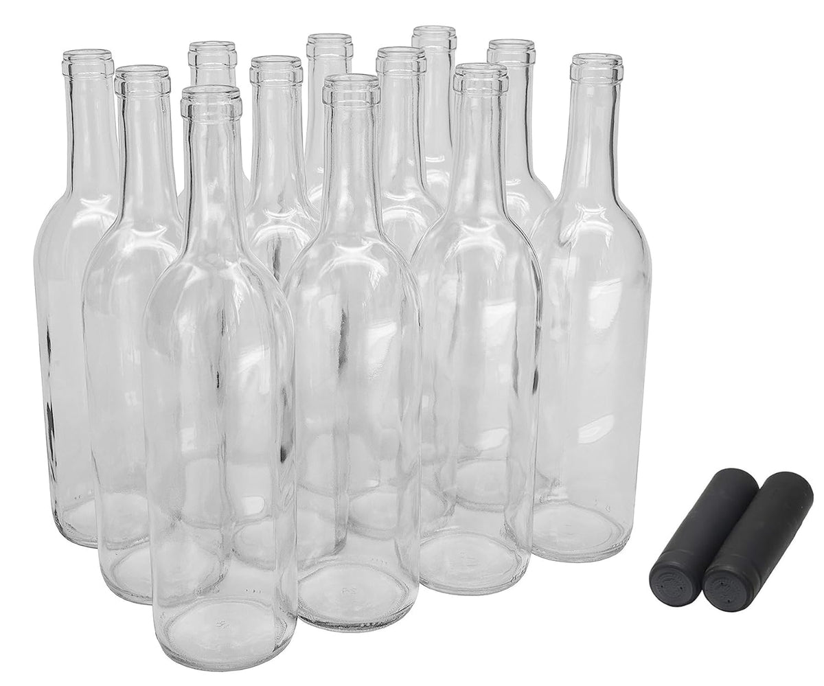 750ml Glass Bordeaux Wine Bottle Flat-Bottomed Cork Finish Clear Case of 12 N455