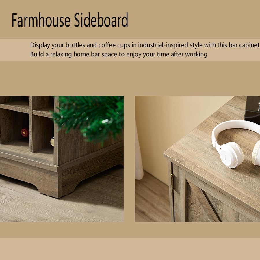 Gray Wash Farmhouse Coffee Bar Cabinet with Drawer and Sliding Barn Door M981101