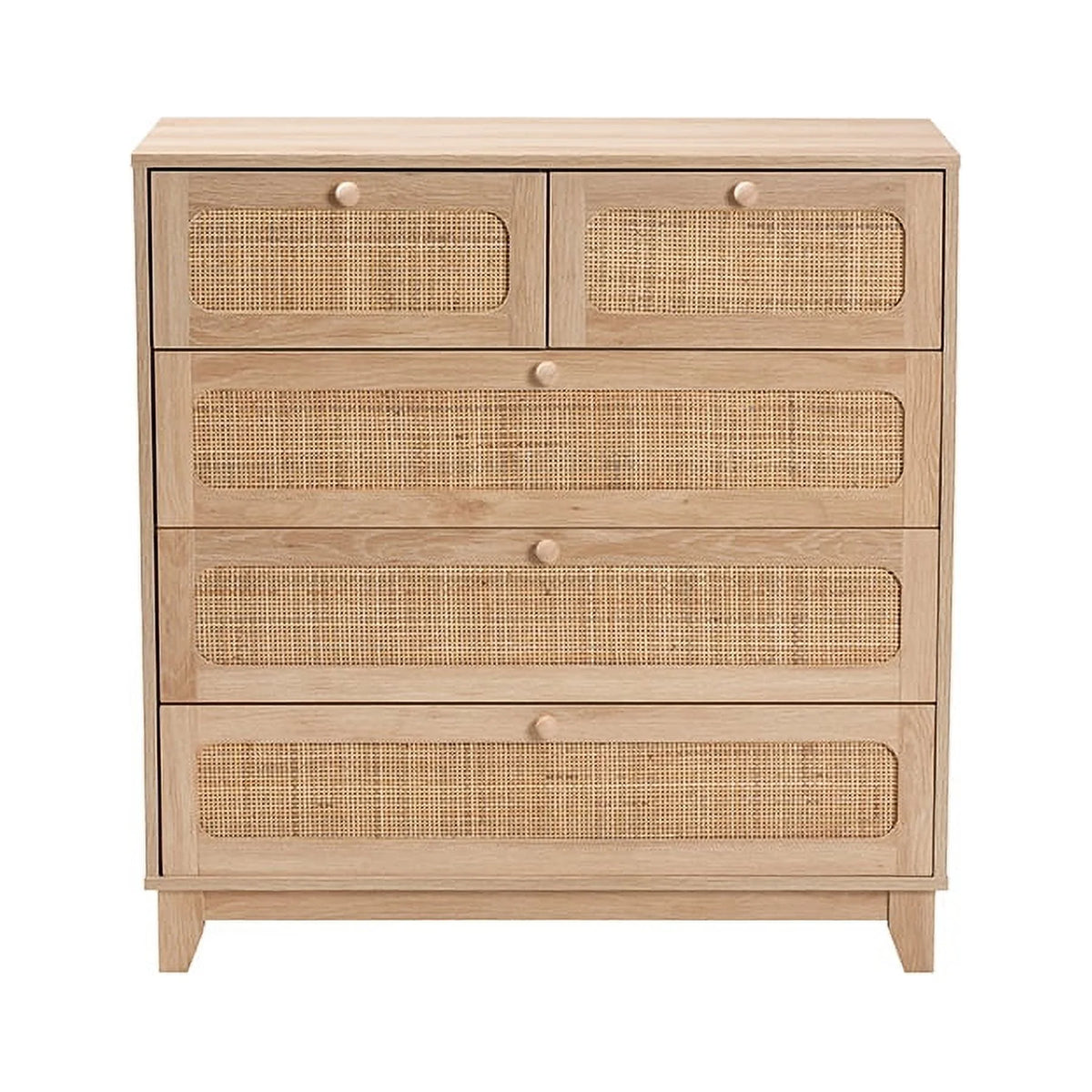 Oak Brown Wood and Natural Rattan 5-Drawer Storage Cabinet B171