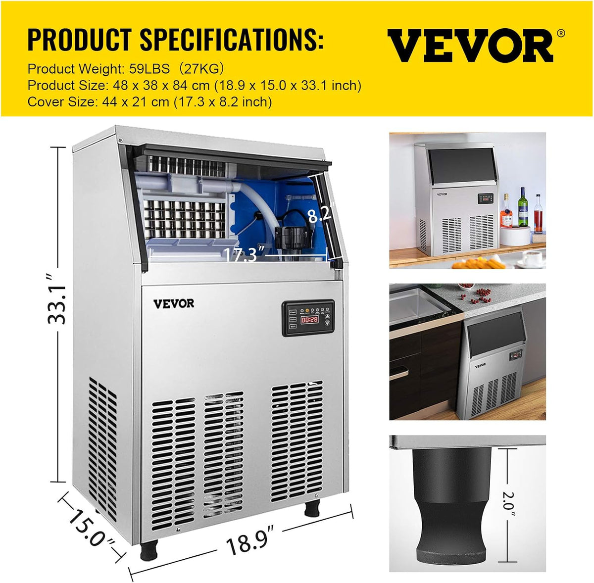 110V Commercial Ice Maker with 33LBS Bin, Stainless Steel G3249