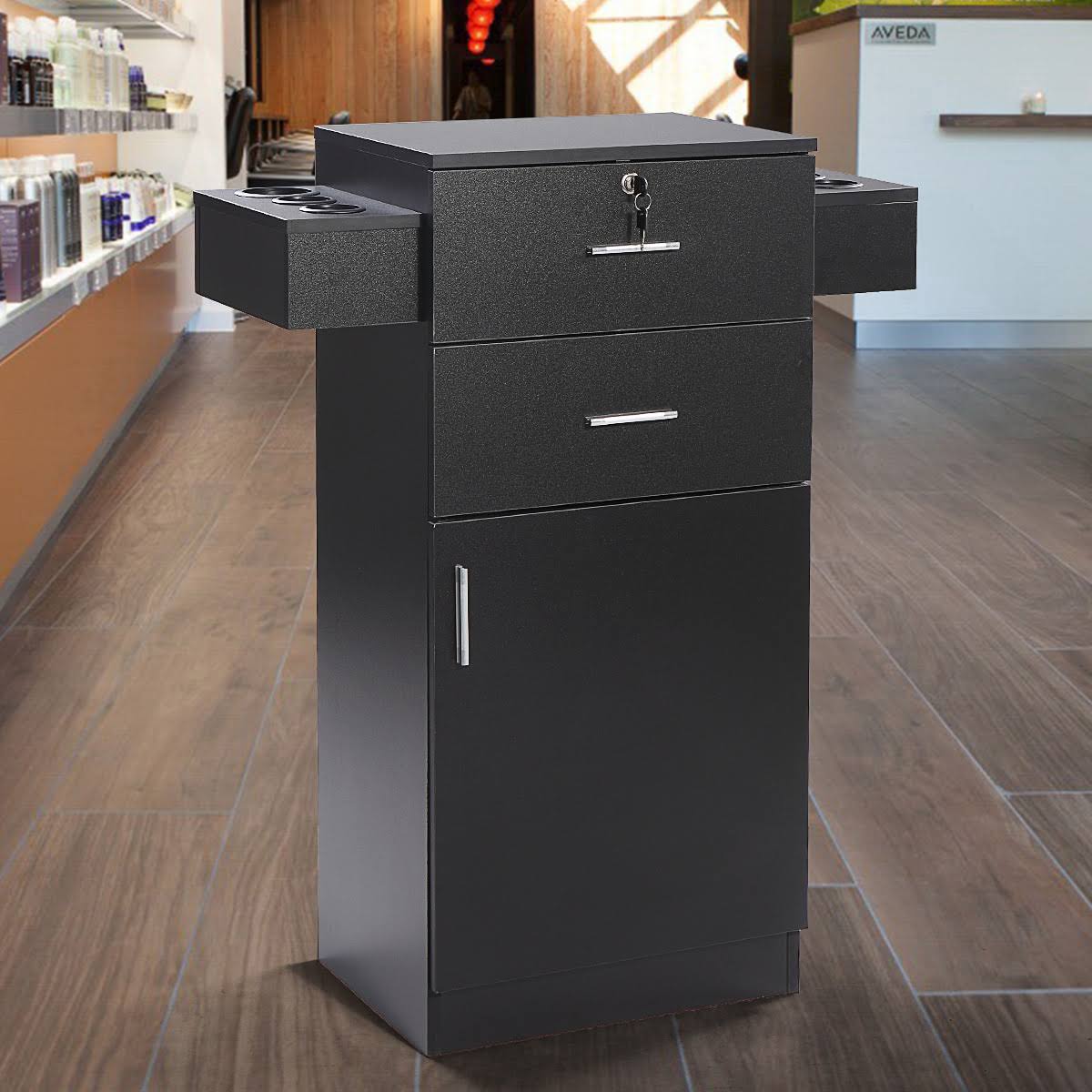 Black Locking Salon Storage Cabinet with Hair Dryer Holder Drawer R2158