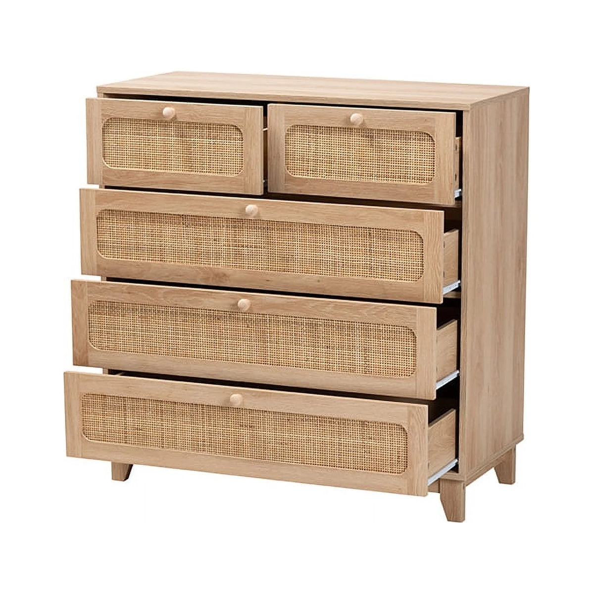 Oak Brown Wood and Natural Rattan 5-Drawer Storage Cabinet B171