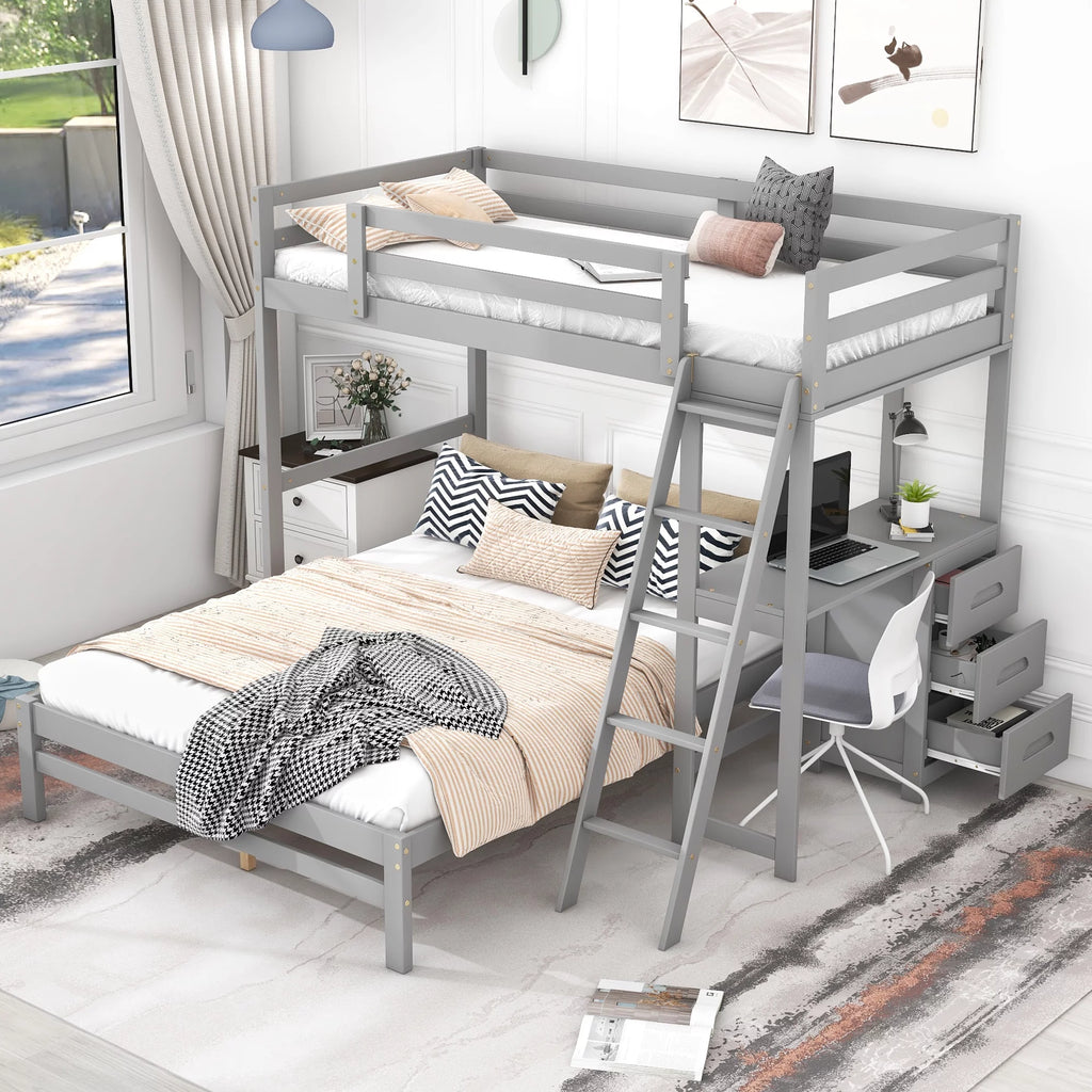 Gray Twin over Full Bunk Bed with Desk and Drawers Q735824