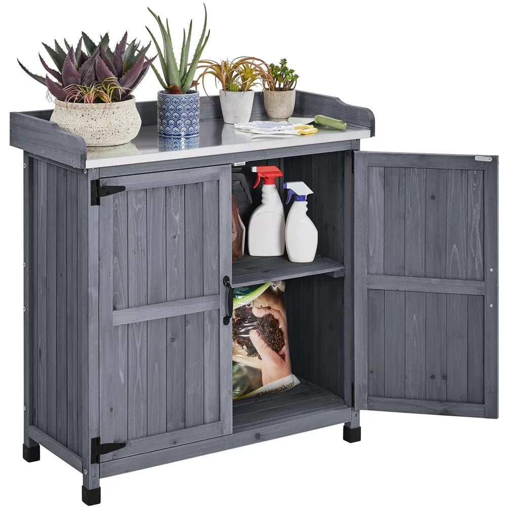 Wooden Garden Potting Bench Table with Cabinet V71419