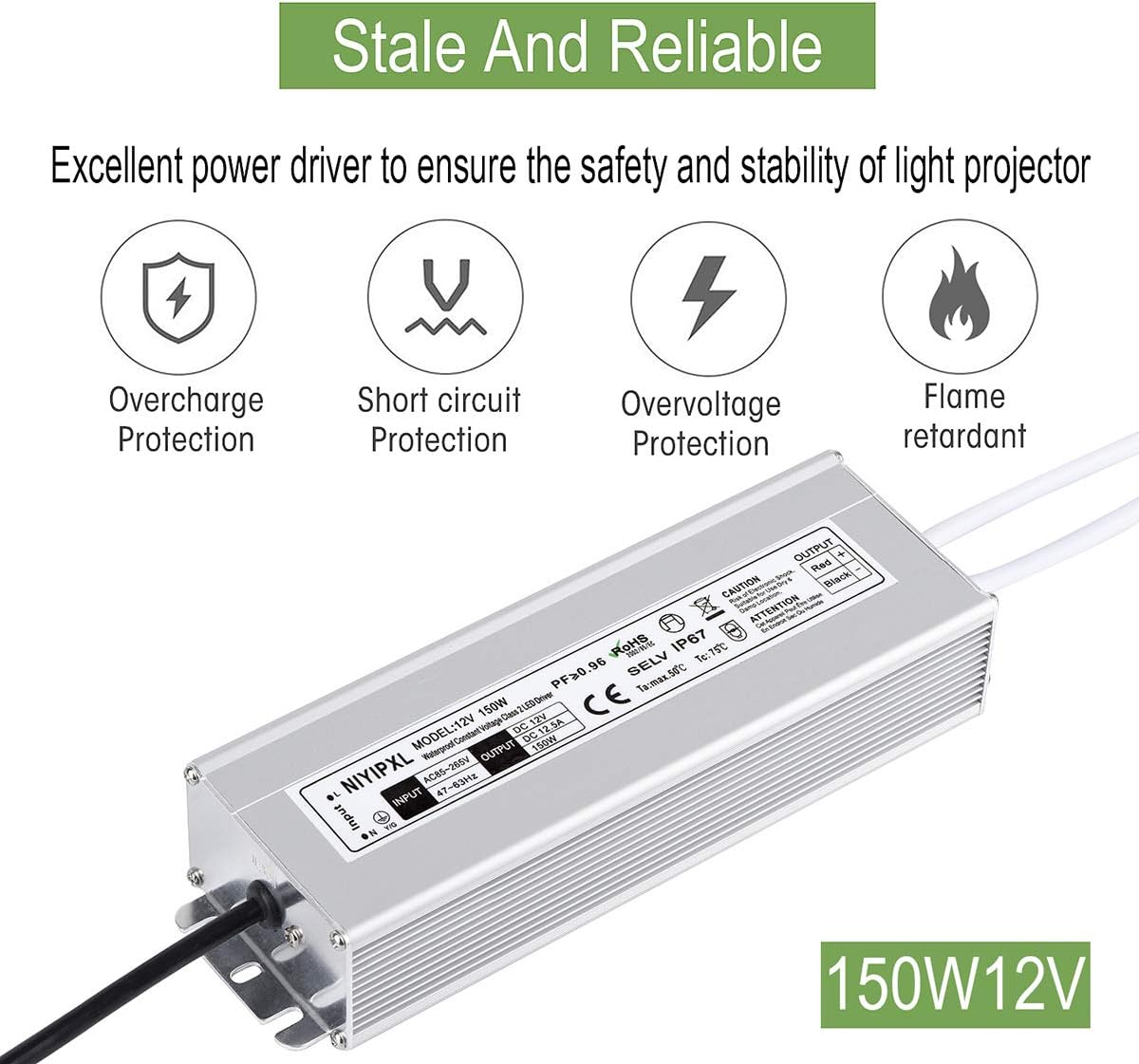 150 Watts Waterproof IP67 LED Driver Power Supply, 85V-265V AC to 12V DC, 3-Prong Plug H298