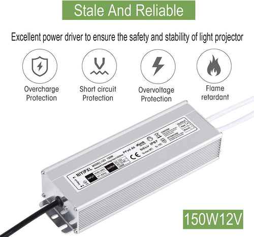 150 Watts Waterproof IP67 LED Driver Power Supply, 85V-265V AC to 12V DC, 3-Prong Plug H298