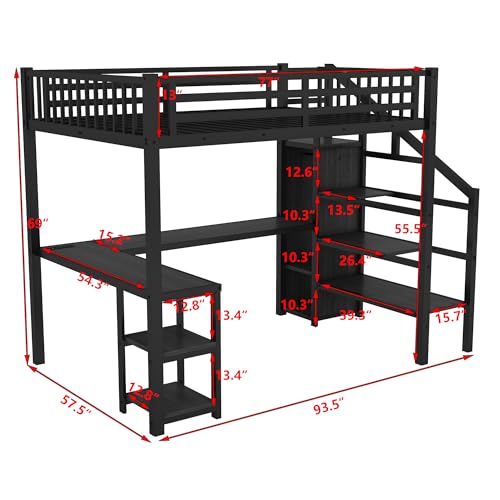Black Full Size Metal Loft Bed with Stairs and Storage W87820
