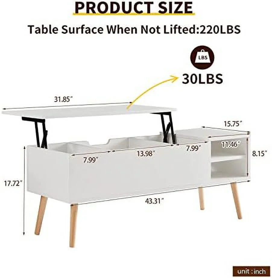 43" Lift Top Wooden Coffee Table with Hidden Storage and Open Shelves Matte White A239