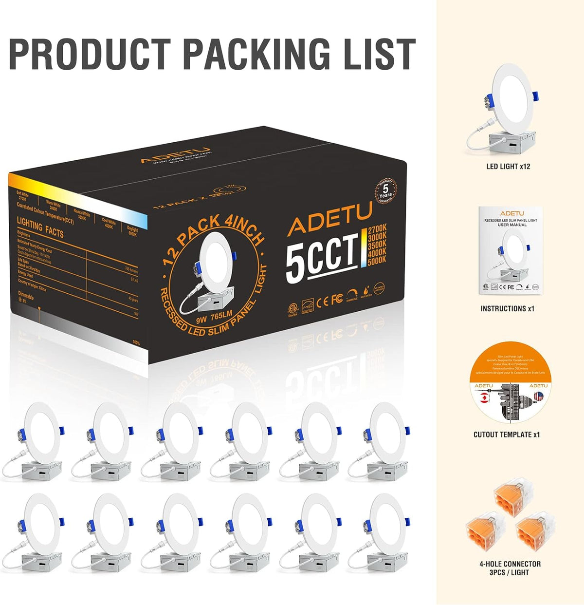 12 Pack 4 Inch 5CCT Dimmable LED Recessed Light with Junction Box K2919