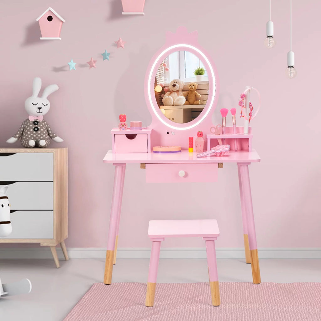 Kids Vanity Set with Mirror, Lights, Stool and Jewelry Rack C2537