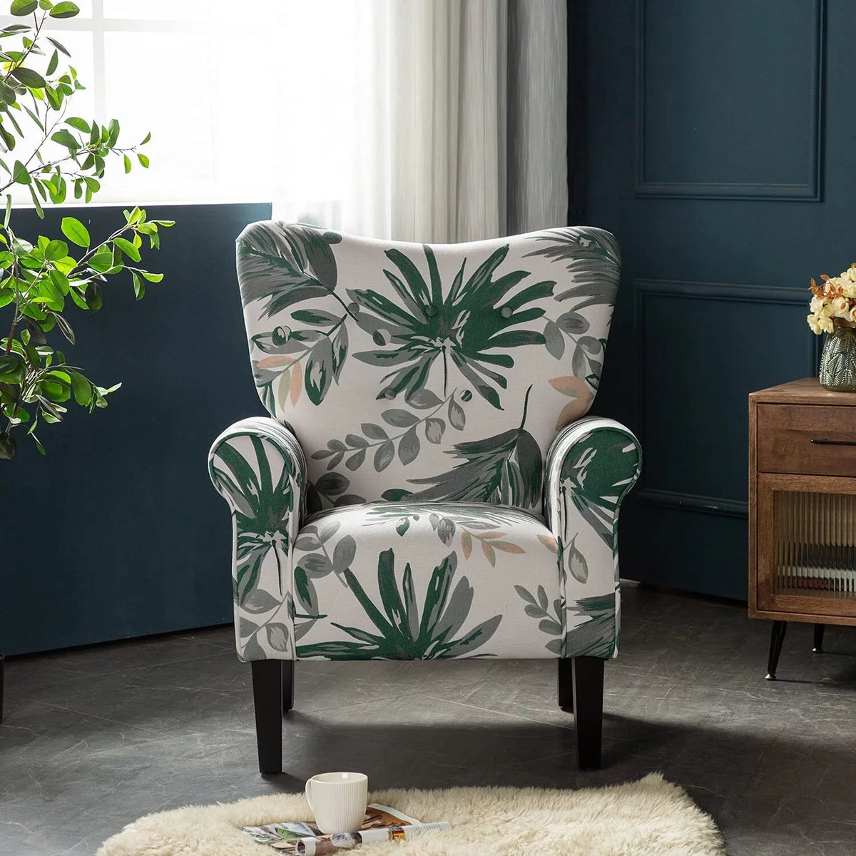 Green Floral Upholstered Fabric Wing Back Arm Chair with Wood Legs V9773