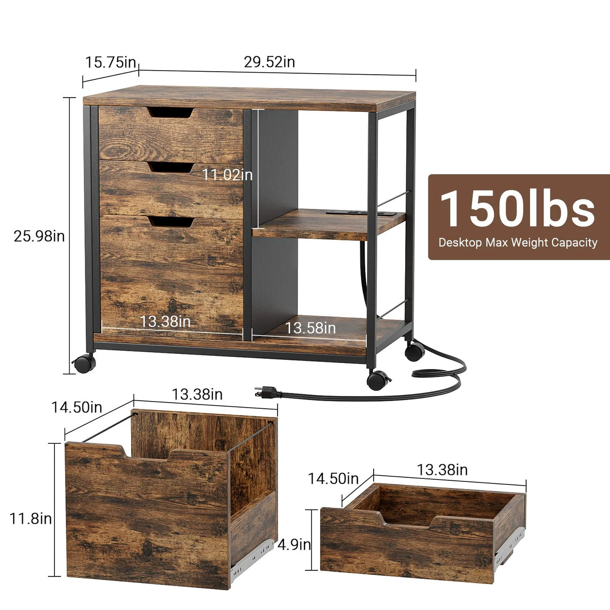 Rolling Wooden File Cabinet with 3 Drawers Y730484