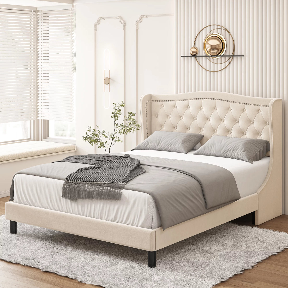 King Bed Frame with Wing-Back Button Tufted Headboard C461403