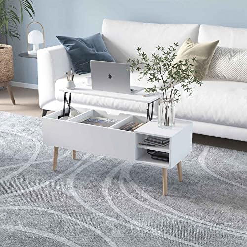 43" Lift Top Wooden Coffee Table with Hidden Storage and Open Shelves Matte White A239