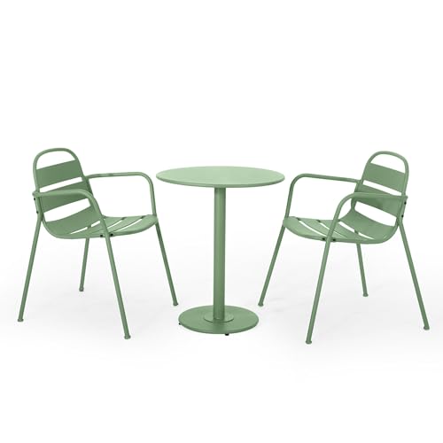 3-Piece Outdoor Bistro Set Iron Patio Furniture with 2 Chairs & Round Table Dark Green X291055