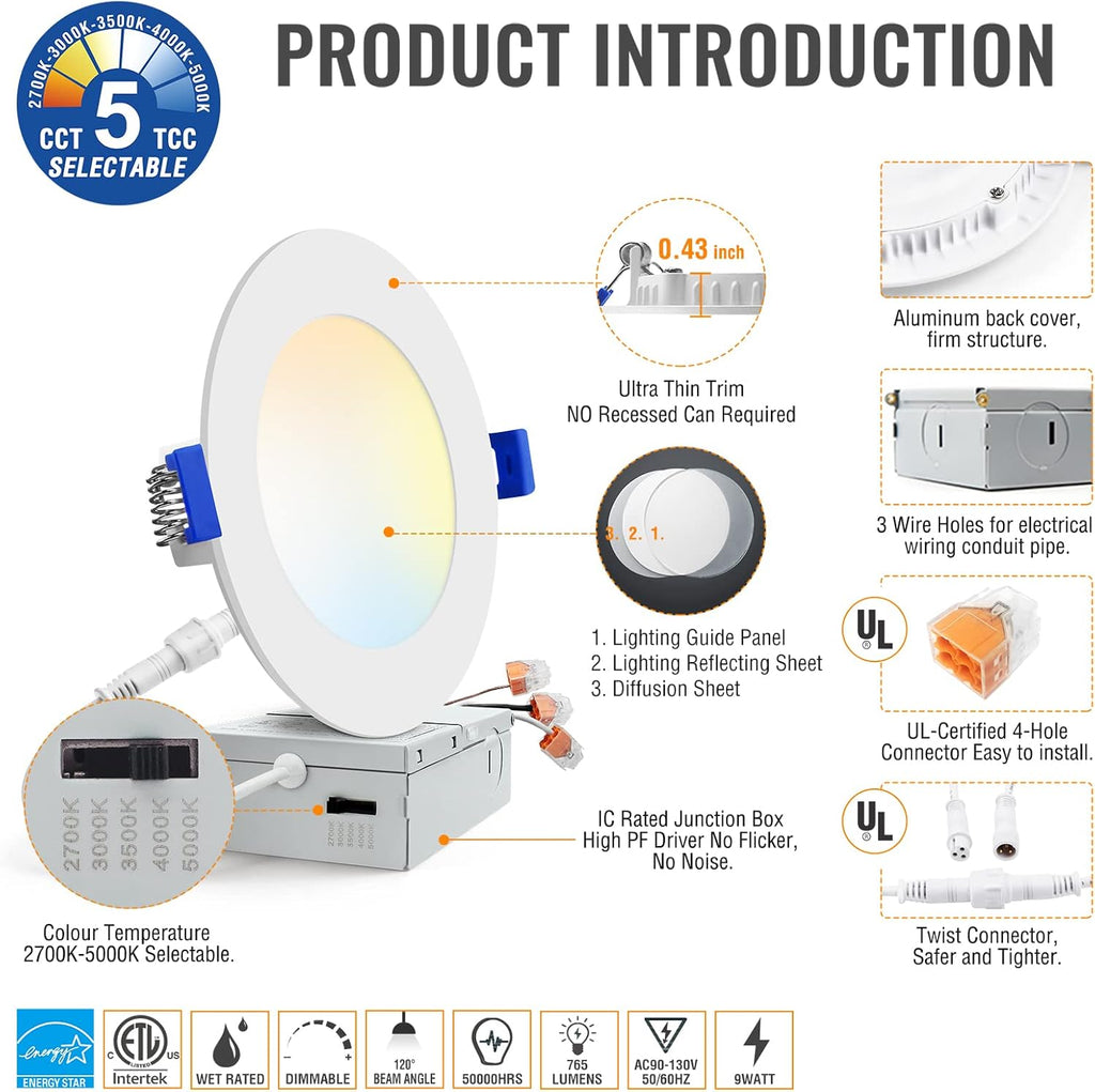 12 Pack 4 Inch 5CCT Dimmable LED Recessed Light with Junction Box K2919