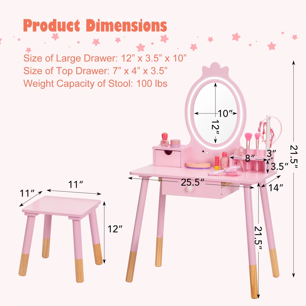 Kids Vanity Set with Mirror, Lights, Stool and Jewelry Rack C2537