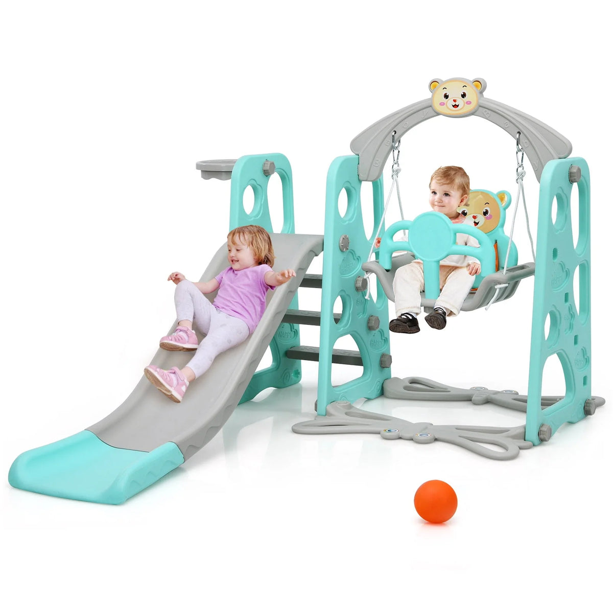 4-in-1 Toddler Climber and Swing Set with Basketball Hoop A7623