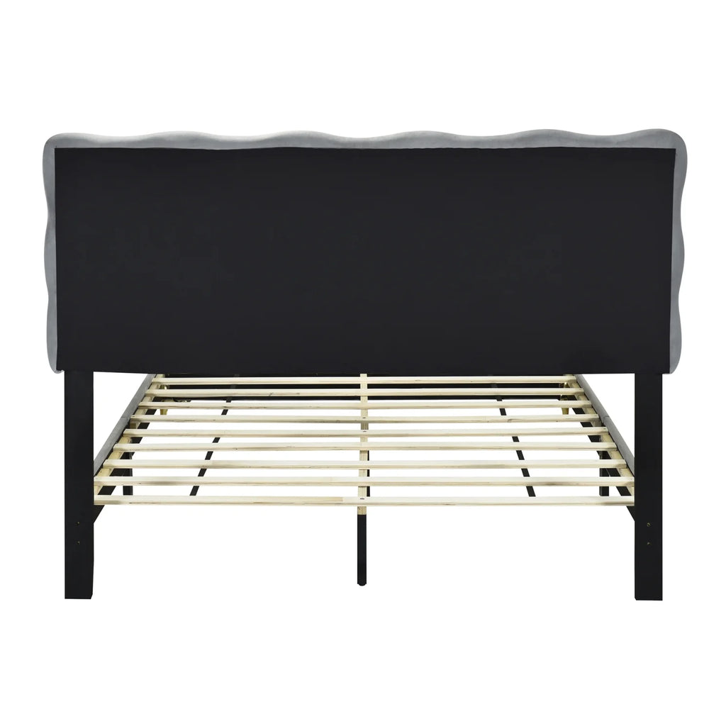 Full Size Beige Velvet Platform Bed with Headboard U48622