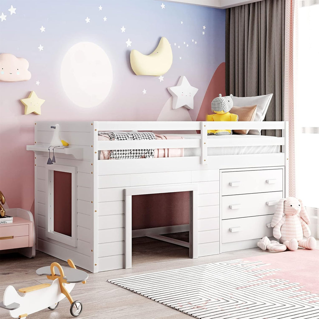 Twin Wooden Loft Bed with Storage Drawers and Cabinet T7630