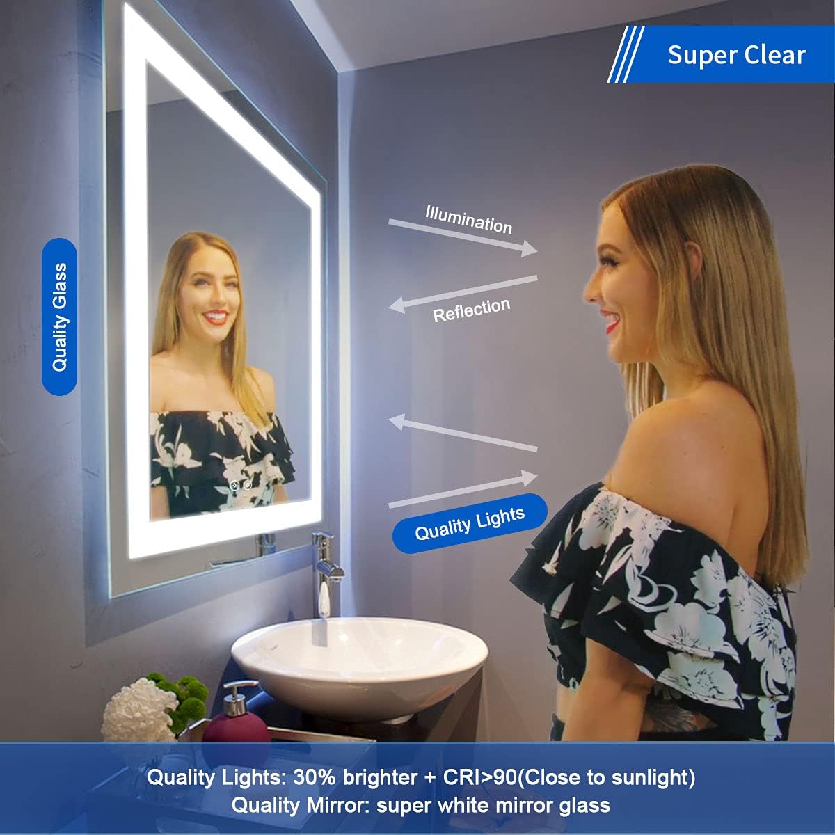 60x28 in Dimmable Antifog LED Bathroom Mirror B282