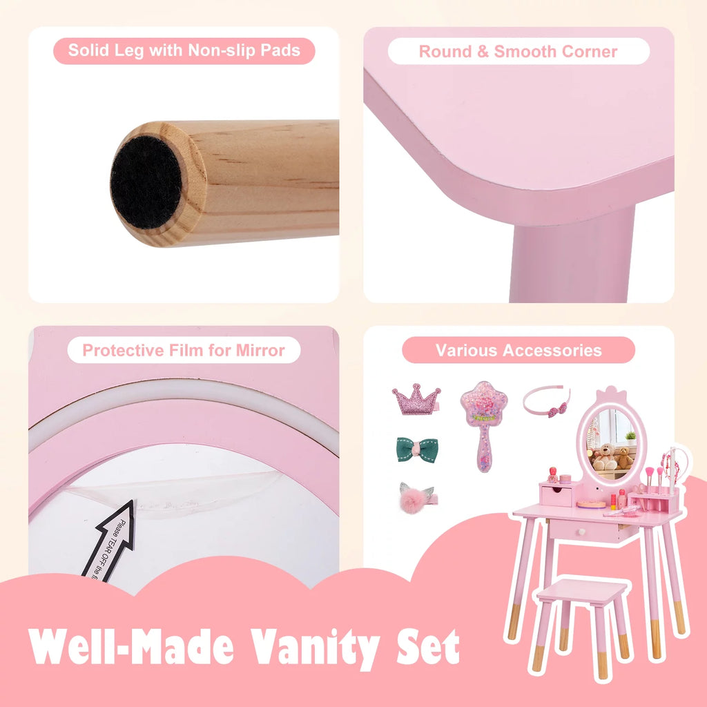 Kids Vanity Set with Mirror, Lights, Stool and Jewelry Rack C2537